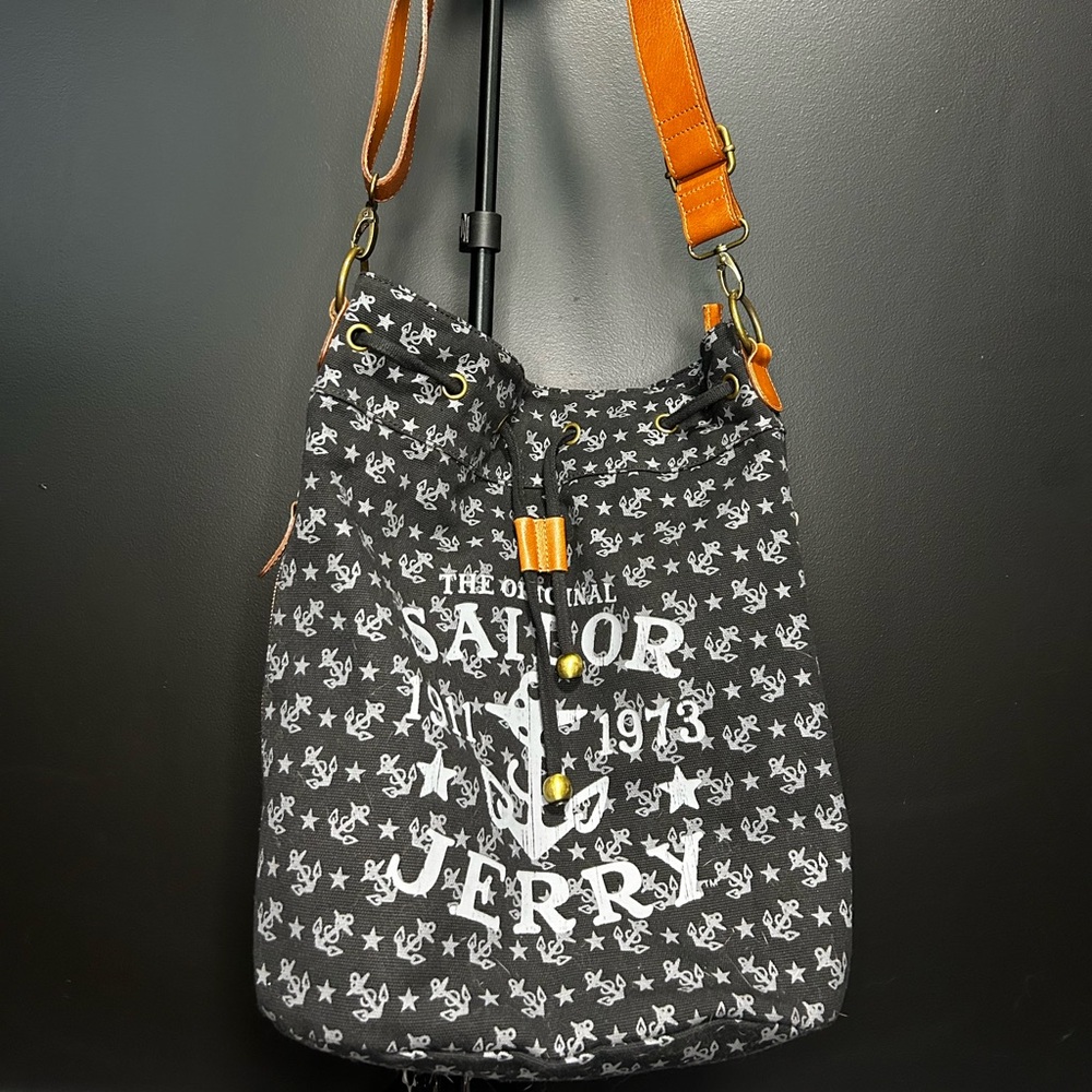 Original Sailor Jerry Anchor Print Convertible Bag | Navy Blue & Brown Leather
